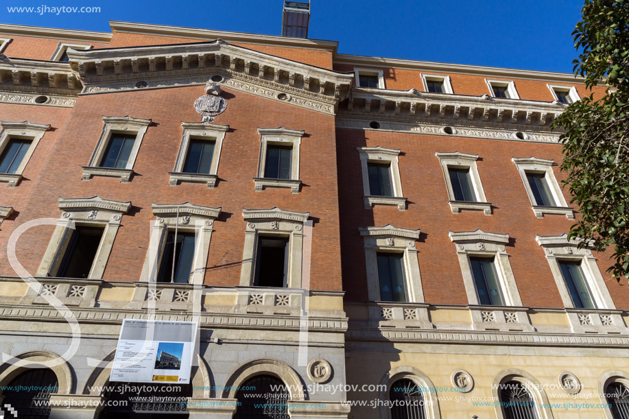 MADRID, SPAIN - JANUARY 24, 2018: Facade of typical Buildings and streets in City of Madrid, Spain