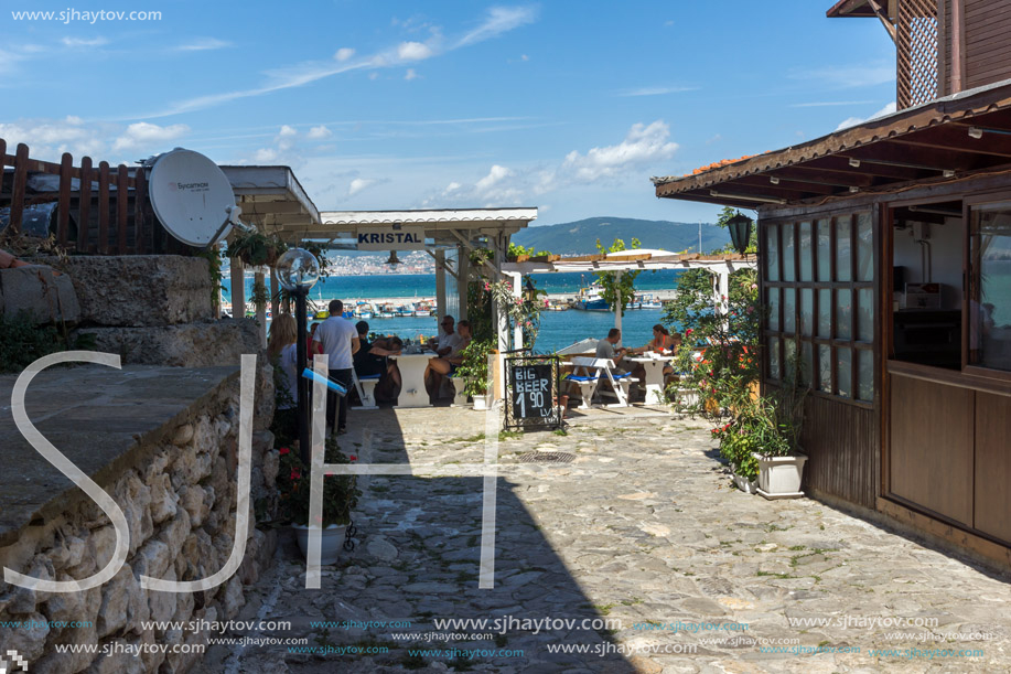 NESSEBAR, BULGARIA - AUGUST 12, 2018: Typical Street in old town of Nessebar, Burgas Region, Bulgaria