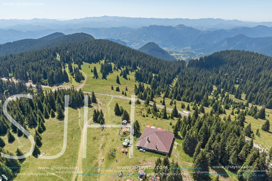 Amazing landscape of Rhodope Mountains from Snezhanka tower near ski resort Pamporovo, Smolyan Region, Bulgaria