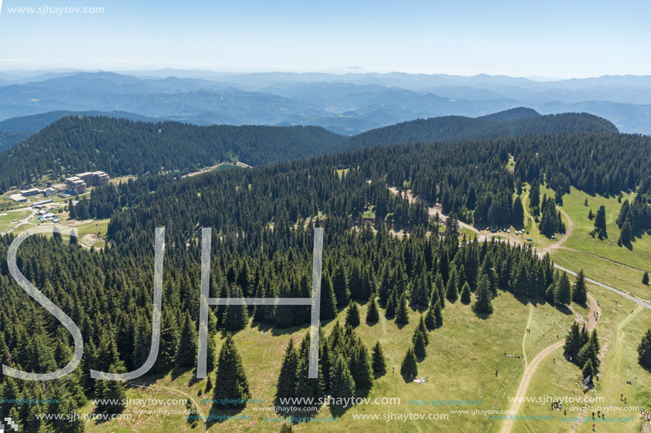 Amazing landscape of Rhodope Mountains from Snezhanka tower near ski resort Pamporovo, Smolyan Region, Bulgaria