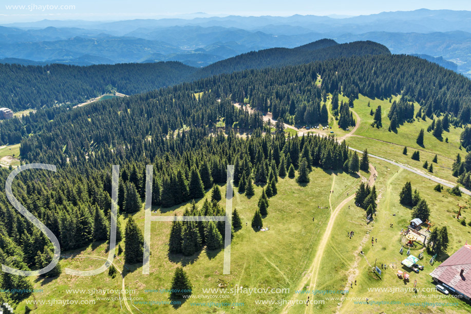 Amazing landscape of Rhodope Mountains from Snezhanka tower near ski resort Pamporovo, Smolyan Region, Bulgaria