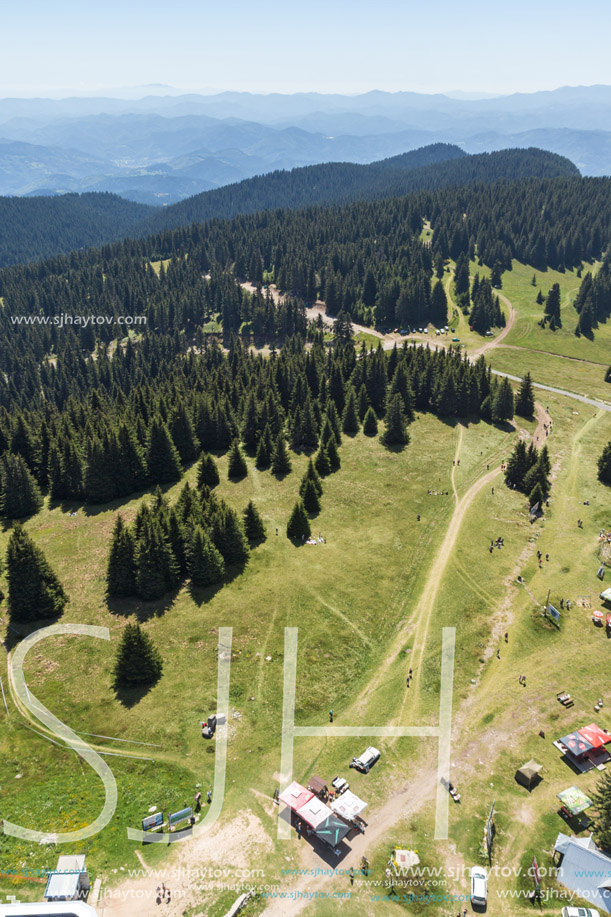 Amazing landscape of Rhodope Mountains from Snezhanka tower near ski resort Pamporovo, Smolyan Region, Bulgaria