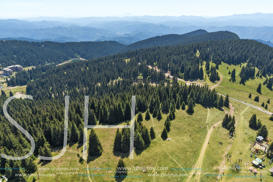 Amazing landscape of Rhodope Mountains from Snezhanka tower near ski resort Pamporovo, Smolyan Region, Bulgaria