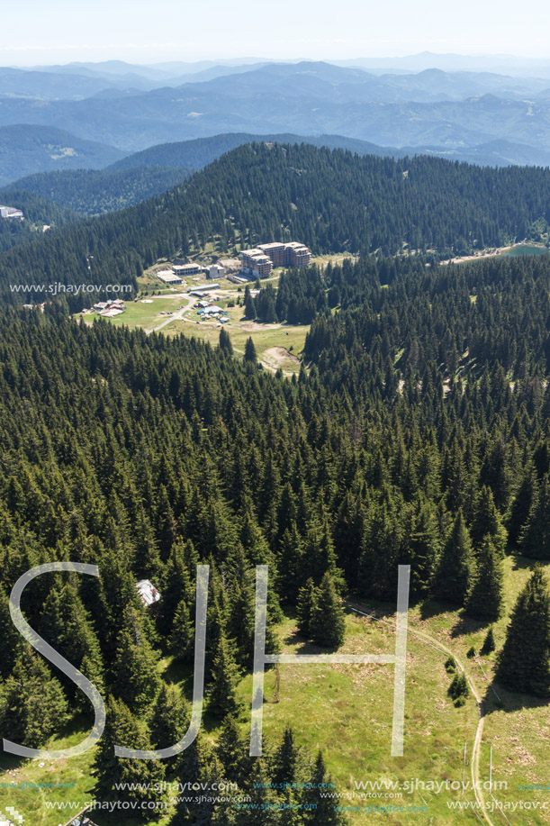 Amazing landscape of Rhodope Mountains from Snezhanka tower near ski resort Pamporovo, Smolyan Region, Bulgaria