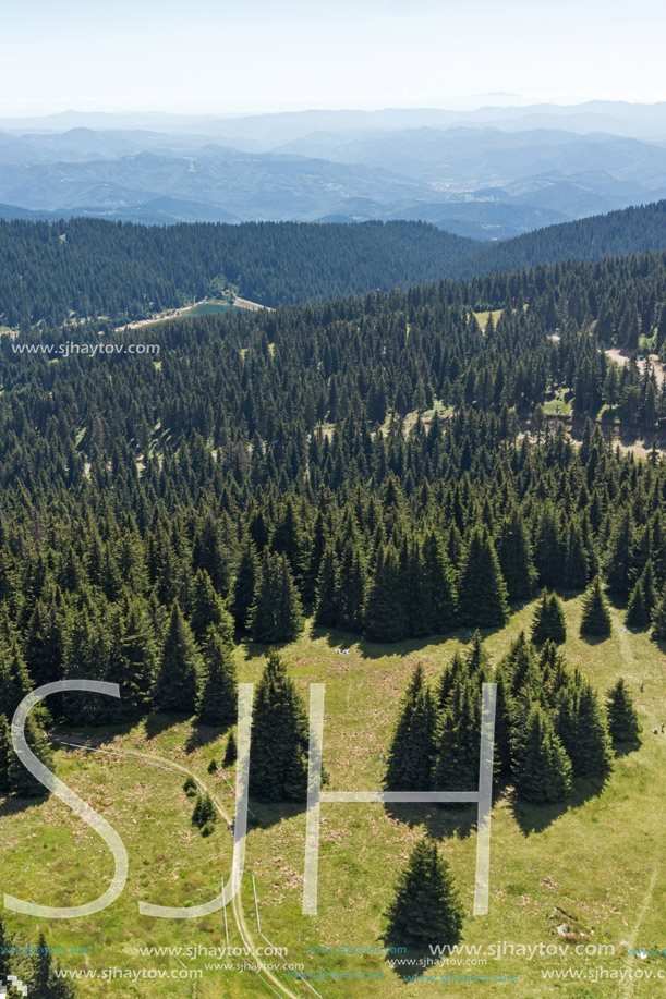 Amazing landscape of Rhodope Mountains from Snezhanka tower near ski resort Pamporovo, Smolyan Region, Bulgaria