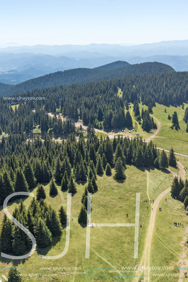 Amazing landscape of Rhodope Mountains from Snezhanka tower near ski resort Pamporovo, Smolyan Region, Bulgaria