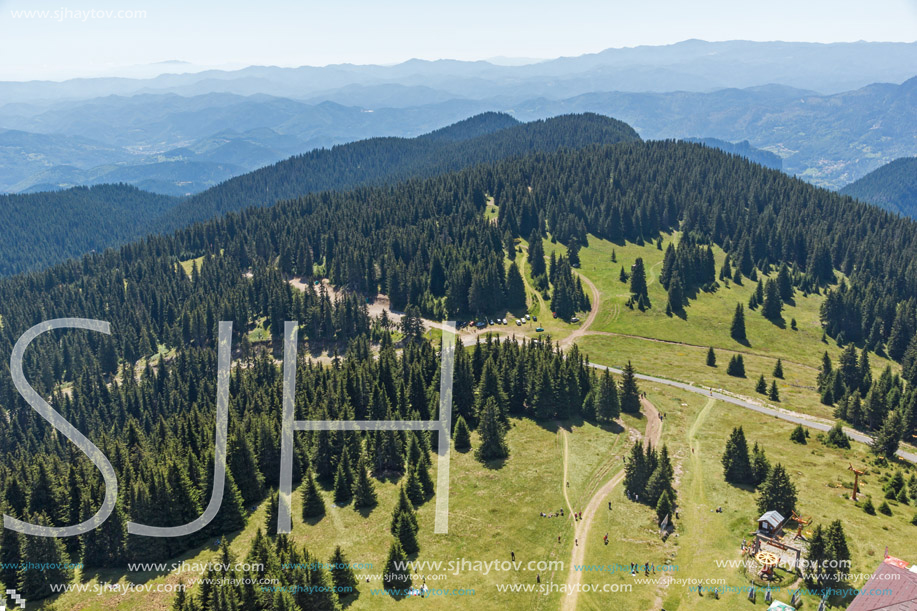 Amazing landscape of Rhodope Mountains from Snezhanka tower near ski resort Pamporovo, Smolyan Region, Bulgaria