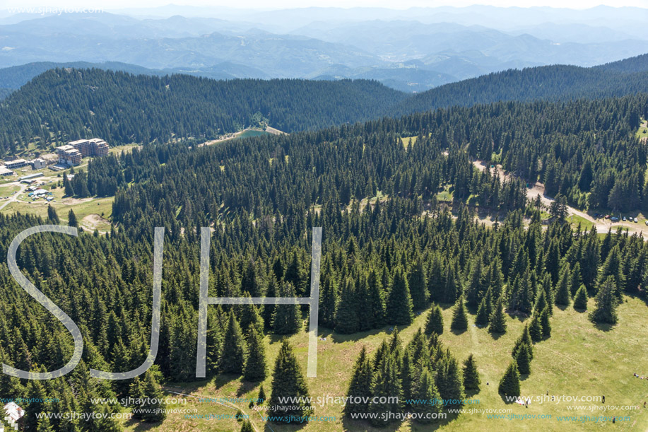 Amazing landscape of Rhodope Mountains from Snezhanka tower near ski resort Pamporovo, Smolyan Region, Bulgaria