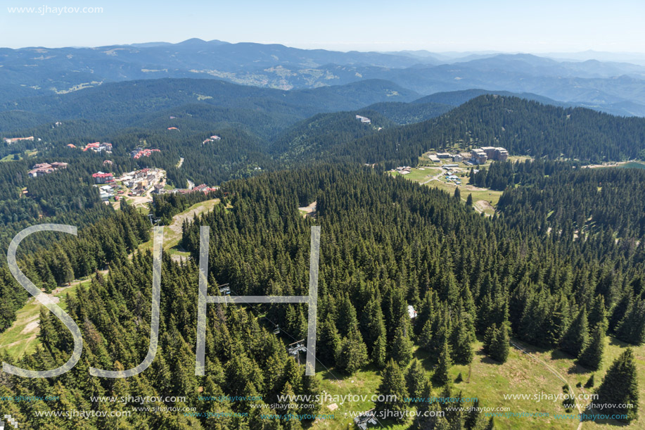 Amazing landscape of Rhodope Mountains from Snezhanka tower near ski resort Pamporovo, Smolyan Region, Bulgaria