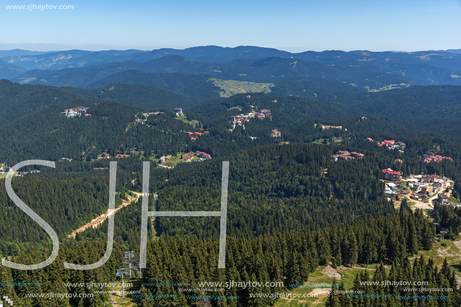 Amazing landscape of Rhodope Mountains from Snezhanka tower near ski resort Pamporovo, Smolyan Region, Bulgaria