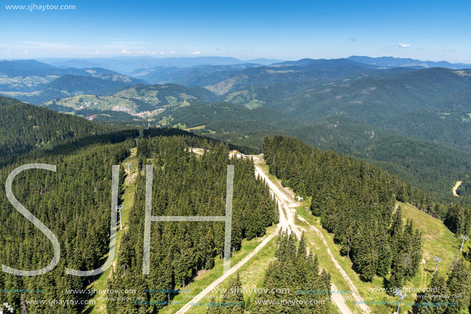 Amazing landscape of Rhodope Mountains from Snezhanka tower near ski resort Pamporovo, Smolyan Region, Bulgaria