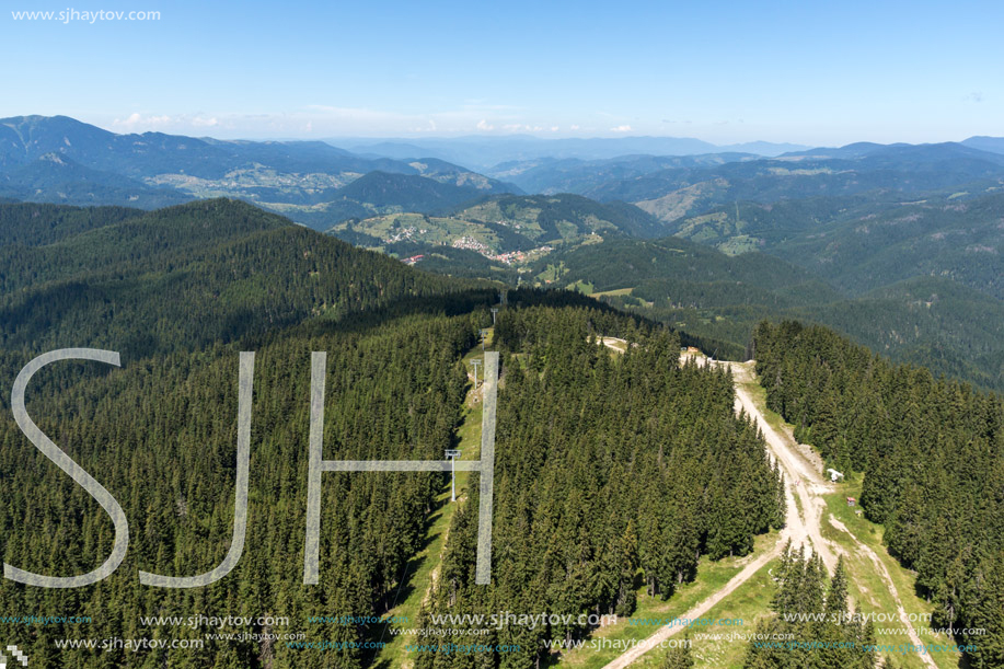 Amazing landscape of Rhodope Mountains from Snezhanka tower near ski resort Pamporovo, Smolyan Region, Bulgaria