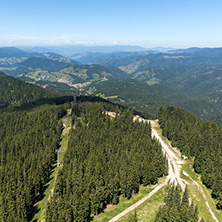 Amazing landscape of Rhodope Mountains from Snezhanka tower near ski resort Pamporovo, Smolyan Region, Bulgaria