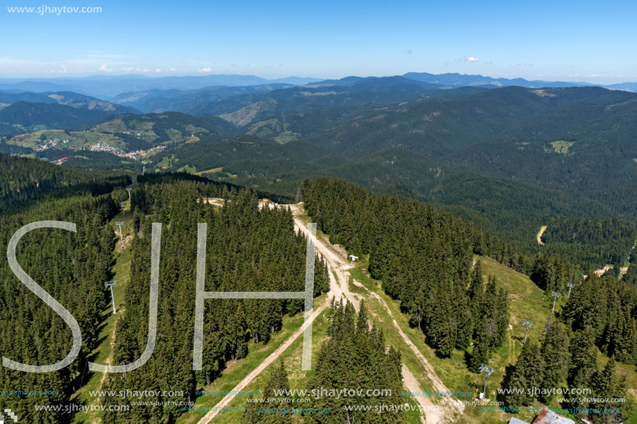 Amazing landscape of Rhodope Mountains from Snezhanka tower near ski resort Pamporovo, Smolyan Region, Bulgaria