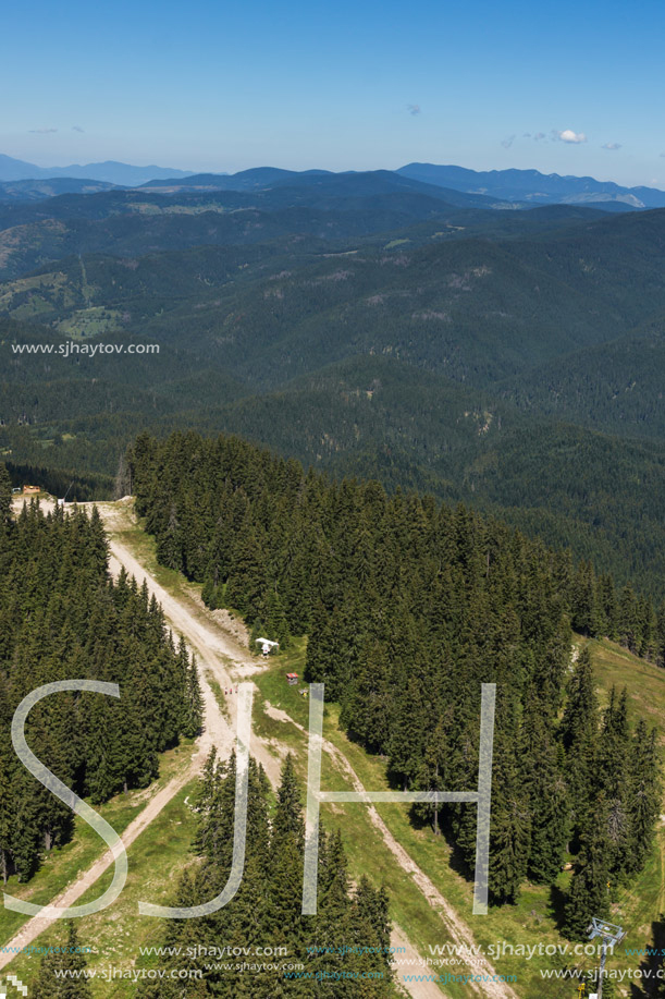 Amazing landscape of Rhodope Mountains from Snezhanka tower near ski resort Pamporovo, Smolyan Region, Bulgaria