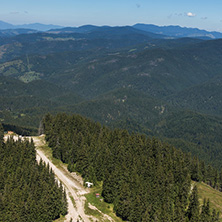 Amazing landscape of Rhodope Mountains from Snezhanka tower near ski resort Pamporovo, Smolyan Region, Bulgaria