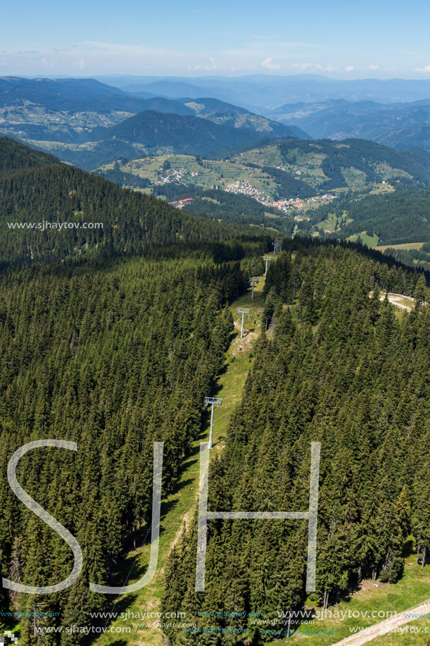 Amazing landscape of Rhodope Mountains from Snezhanka tower near ski resort Pamporovo, Smolyan Region, Bulgaria