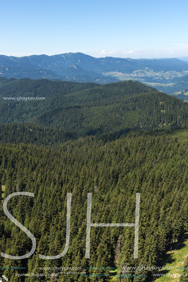 Amazing landscape of Rhodope Mountains from Snezhanka tower near ski resort Pamporovo, Smolyan Region, Bulgaria