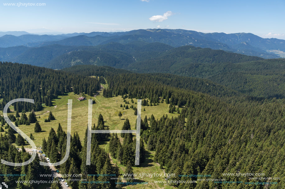 Amazing landscape of Rhodope Mountains from Snezhanka tower near ski resort Pamporovo, Smolyan Region, Bulgaria