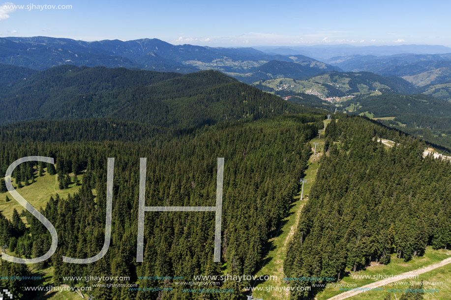 Amazing landscape of Rhodope Mountains from Snezhanka tower near ski resort Pamporovo, Smolyan Region, Bulgaria