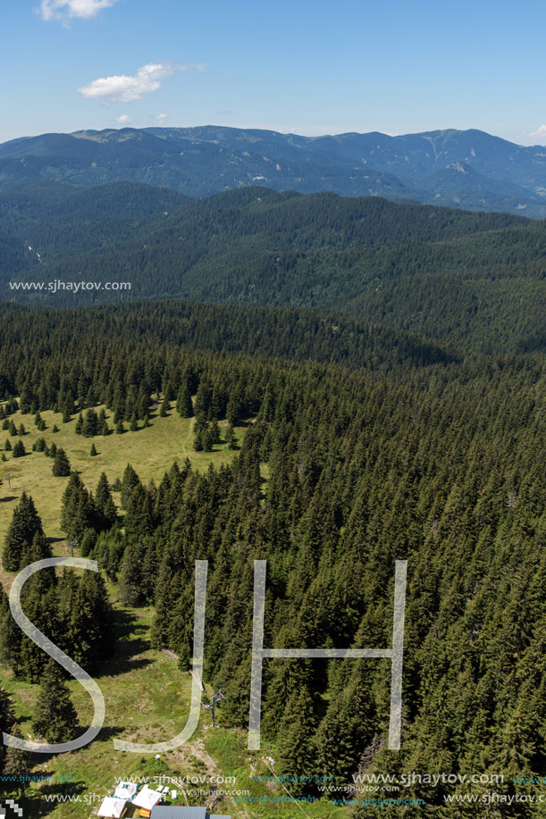 Amazing landscape of Rhodope Mountains from Snezhanka tower near ski resort Pamporovo, Smolyan Region, Bulgaria