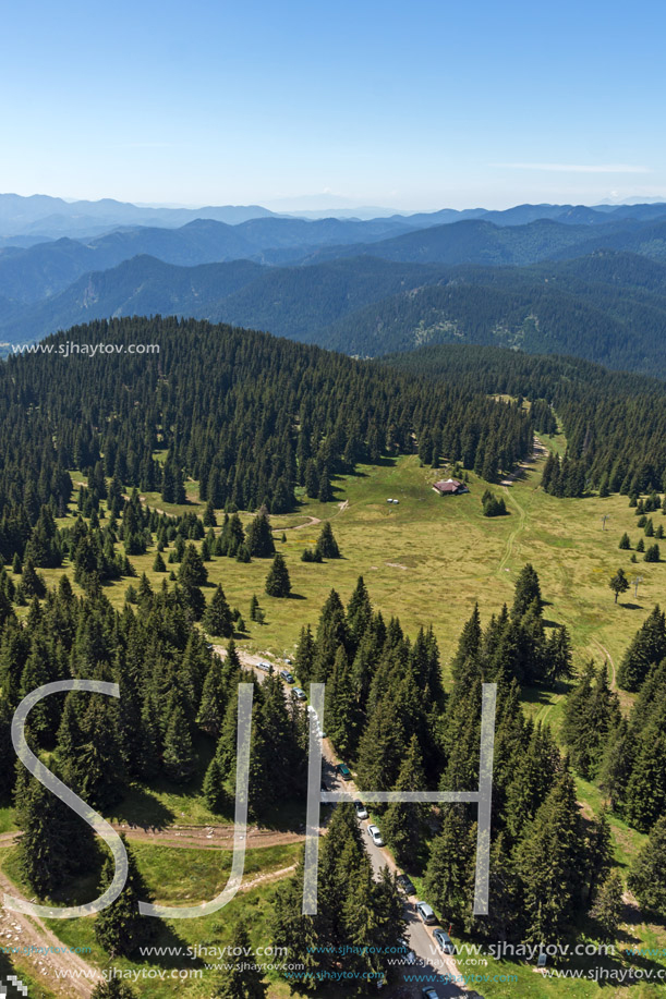 Amazing landscape of Rhodope Mountains from Snezhanka tower near ski resort Pamporovo, Smolyan Region, Bulgaria