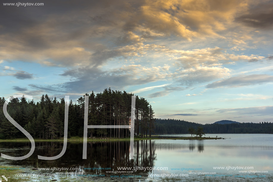 Amazing Sunset Landscape of Shiroka polyana (Wide meadow) Reservoir, Pazardzhik Region, Bulgaria