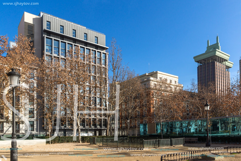 MADRID, SPAIN - JANUARY 24, 2018: Gardens of the Plaza Villa de Paris in City of Madrid, Spain