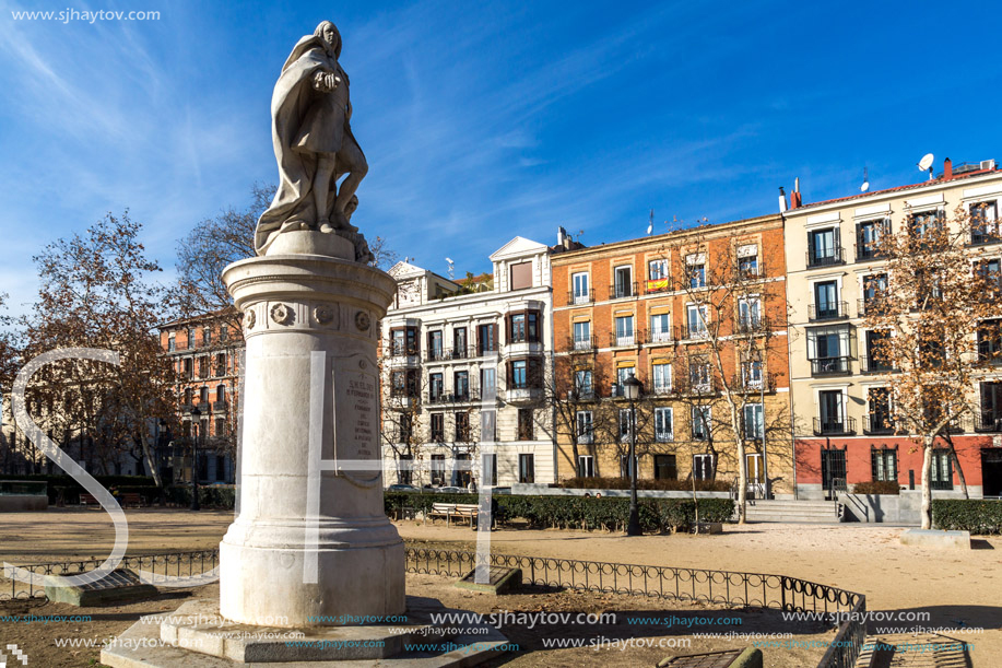 MADRID, SPAIN - JANUARY 24, 2018: Gardens of the Plaza Villa de Paris in City of Madrid, Spain