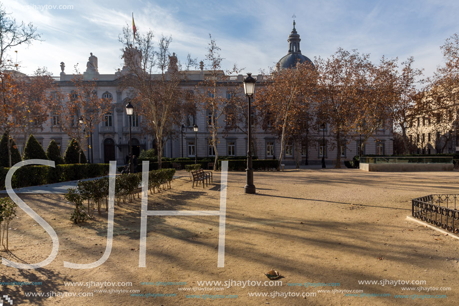 MADRID, SPAIN - JANUARY 24, 2018: Gardens of the Plaza Villa de Paris in City of Madrid, Spain