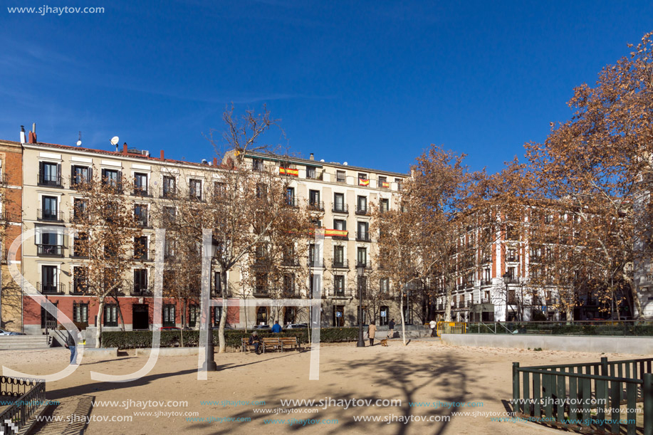 MADRID, SPAIN - JANUARY 24, 2018: Gardens of the Plaza Villa de Paris in City of Madrid, Spain