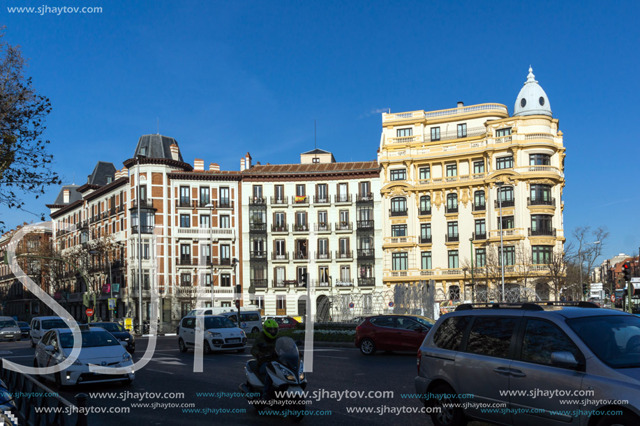 MADRID, SPAIN - JANUARY 24, 2018: Facade of typical Buildings and streets in City of Madrid, Spain