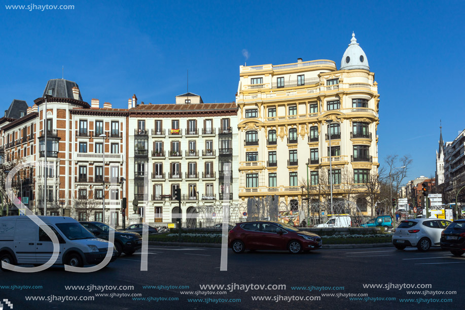 MADRID, SPAIN - JANUARY 24, 2018: Facade of typical Buildings and streets in City of Madrid, Spain