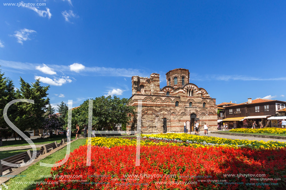 NESSEBAR, BULGARIA - AUGUST 12, 2018: Summer view of Ancient Church of Christ Pantocrator in the town of Nessebar, Burgas Region, Bulgaria