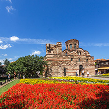 NESSEBAR, BULGARIA - AUGUST 12, 2018: Summer view of Ancient Church of Christ Pantocrator in the town of Nessebar, Burgas Region, Bulgaria