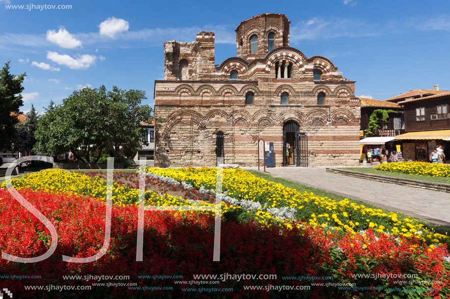 NESSEBAR, BULGARIA - AUGUST 12, 2018: Summer view of Ancient Church of Christ Pantocrator in the town of Nessebar, Burgas Region, Bulgaria