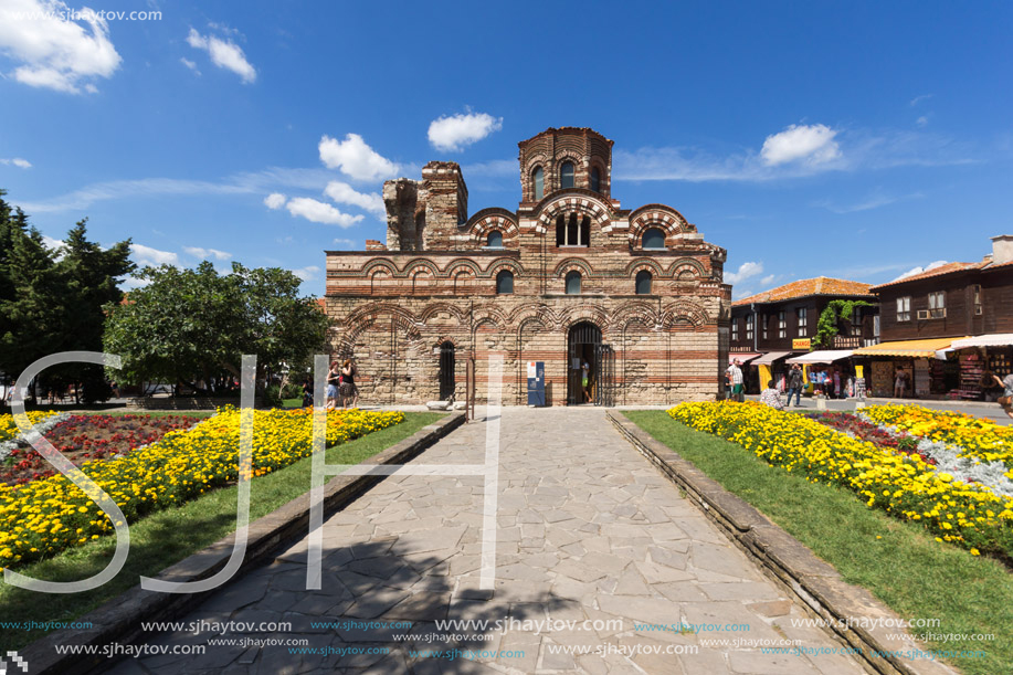 NESSEBAR, BULGARIA - AUGUST 12, 2018: Summer view of Ancient Church of Christ Pantocrator in the town of Nessebar, Burgas Region, Bulgaria
