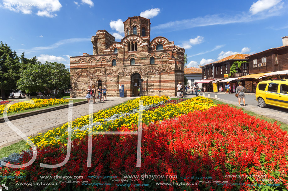 NESSEBAR, BULGARIA - AUGUST 12, 2018: Summer view of Ancient Church of Christ Pantocrator in the town of Nessebar, Burgas Region, Bulgaria