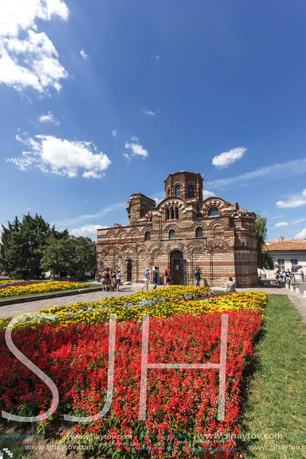 NESSEBAR, BULGARIA - AUGUST 12, 2018: Summer view of Ancient Church of Christ Pantocrator in the town of Nessebar, Burgas Region, Bulgaria