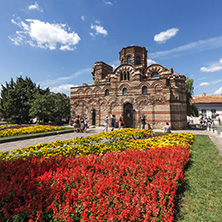 NESSEBAR, BULGARIA - AUGUST 12, 2018: Summer view of Ancient Church of Christ Pantocrator in the town of Nessebar, Burgas Region, Bulgaria