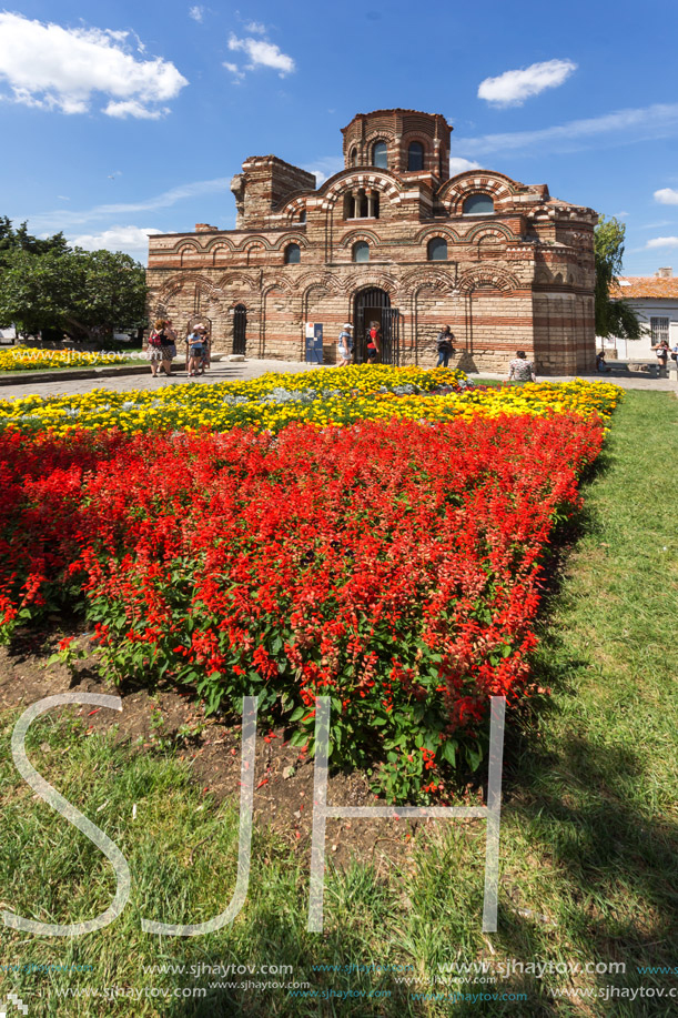 NESSEBAR, BULGARIA - AUGUST 12, 2018: Summer view of Ancient Church of Christ Pantocrator in the town of Nessebar, Burgas Region, Bulgaria