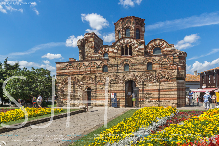 NESSEBAR, BULGARIA - AUGUST 12, 2018: Summer view of Ancient Church of Christ Pantocrator in the town of Nessebar, Burgas Region, Bulgaria