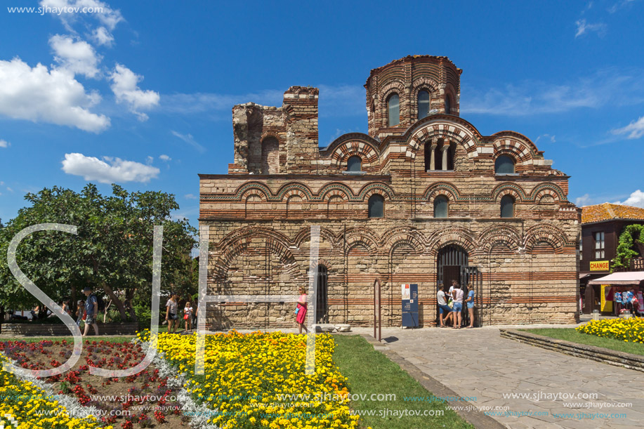 NESSEBAR, BULGARIA - AUGUST 12, 2018: Summer view of Ancient Church of Christ Pantocrator in the town of Nessebar, Burgas Region, Bulgaria