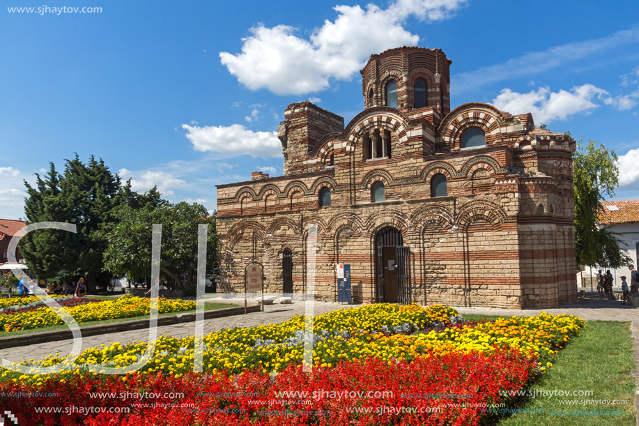 NESSEBAR, BULGARIA - AUGUST 12, 2018: Summer view of Ancient Church of Christ Pantocrator in the town of Nessebar, Burgas Region, Bulgaria