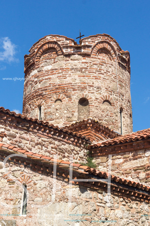 NESSEBAR, BULGARIA - AUGUST 12, 2018: Summer view of Ancient Church of Christ Pantocrator in the town of Nessebar, Burgas Region, Bulgaria