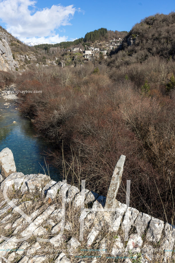 Landscape of Ancient Bridge of Missios in Vikos gorge and Pindus Mountains, Zagori, Epirus, Greece