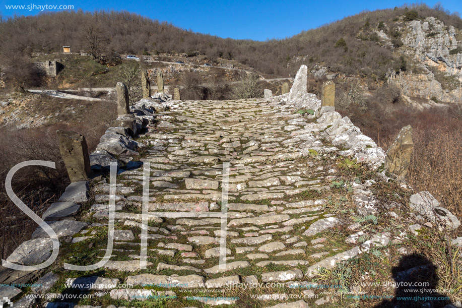 Landscape of Ancient Bridge of Missios in Vikos gorge and Pindus Mountains, Zagori, Epirus, Greece