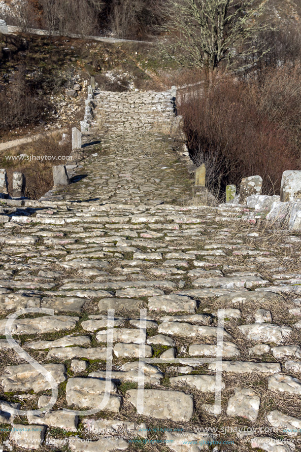 Landscape of Ancient Bridge of Missios in Vikos gorge and Pindus Mountains, Zagori, Epirus, Greece