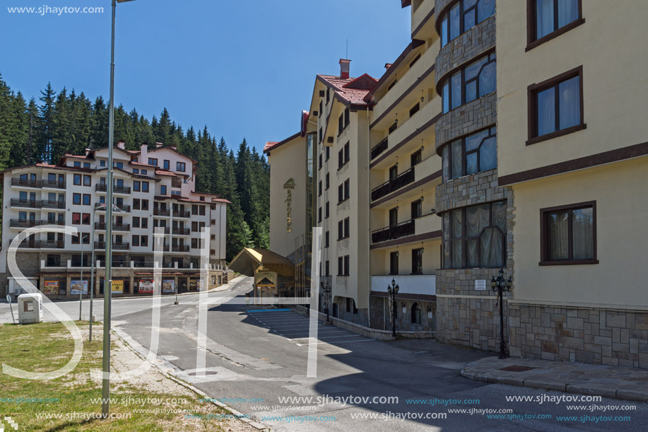 PAMPOROVO, BULGARIA - AUGUST 14, 2018: Summer view of Ski resort Pamporovo in Rhodope Mountains, Smolyan Region, Bulgaria