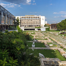 STARA ZAGORA, BULGARIA - AUGUST 5, 2018: Regional Library, State Opera and Ruins of Ancient Augusta Traiana  in the center of city of Stara Zagora, Bulgaria